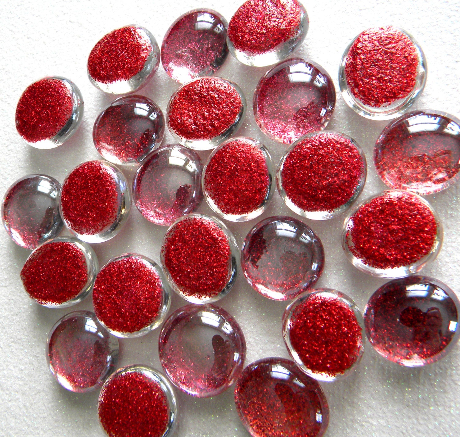 25 Glass GLITTER Gems RED Color Medium Size Hand Painted