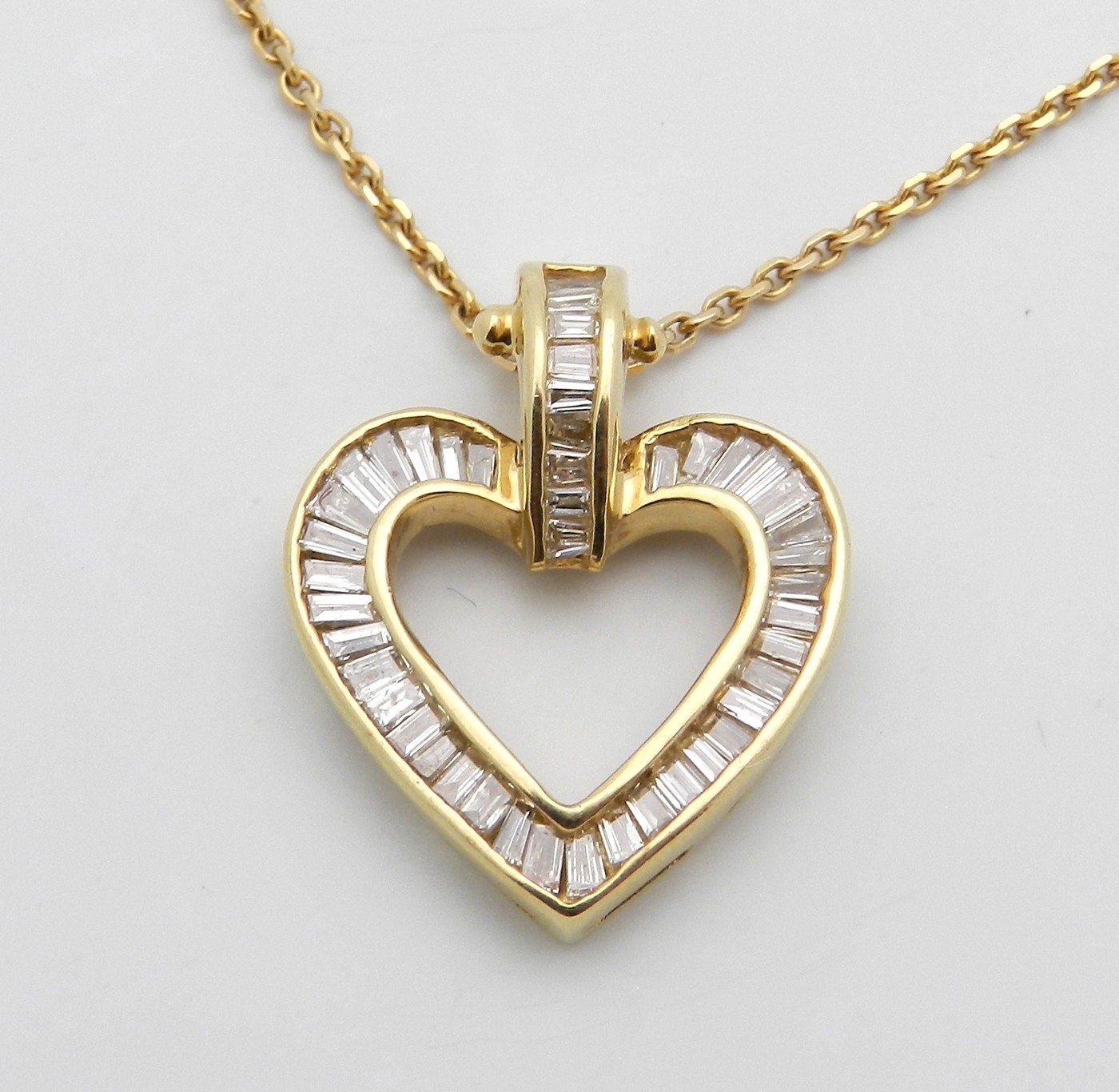 Diamond Heart Pendant 14K Yellow Gold .85 ct Baguette Open