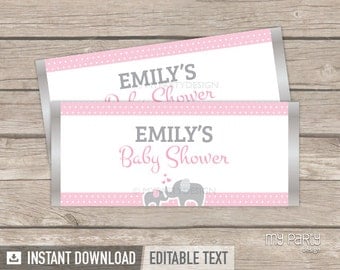 Elephant Chocolate Wrappers - Elephant Baby Shower - Girl Pink - INSTANT DOWNLOAD - Printable PDF with Editable Text