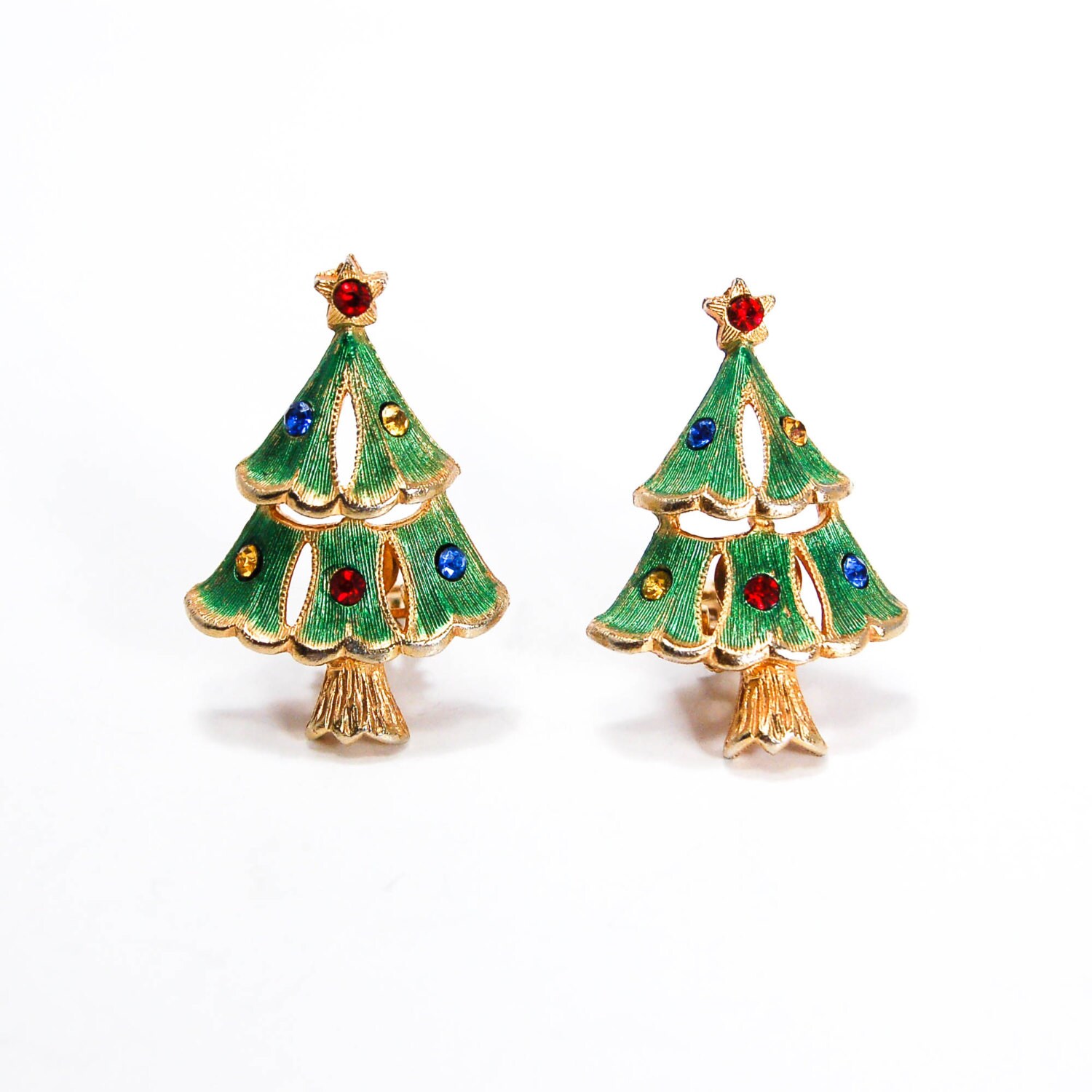 Rhinestone Christmas Tree Clip Earrings