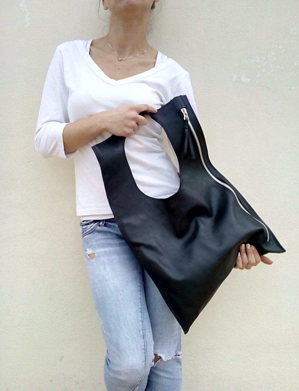 Black Leather bag Tote handbag Designer Leather Bag Zipper