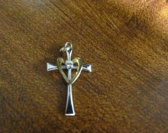 Vintage 90's Sterling Silver 925 Cross pendant With CZ Stone FREE SHIPPING In United States