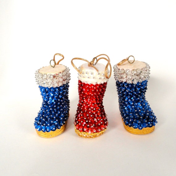 3 Vintage Ornaments/Christmas Santa Boot Ornaments/ Beaded