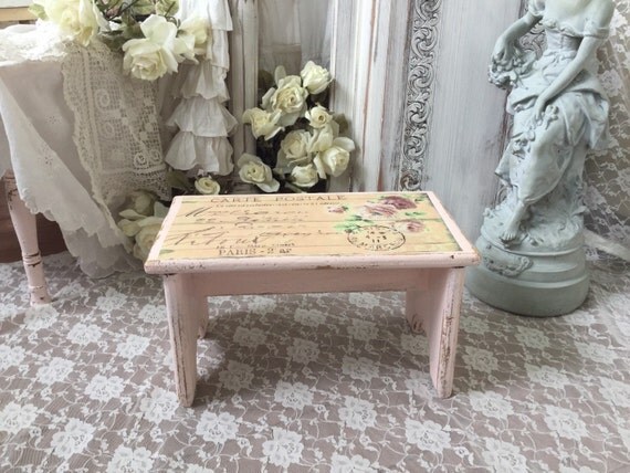 Shabby Chic Pink Footstool, Chippy distressed vintage wooden stool, Shabby French Farmhouse stool, vintage wooden bench, French Postcard SCT