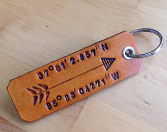 Keychain Leather Keychain Longitude Latitude Keychain Love GPS location with Arrow - Love That Leather