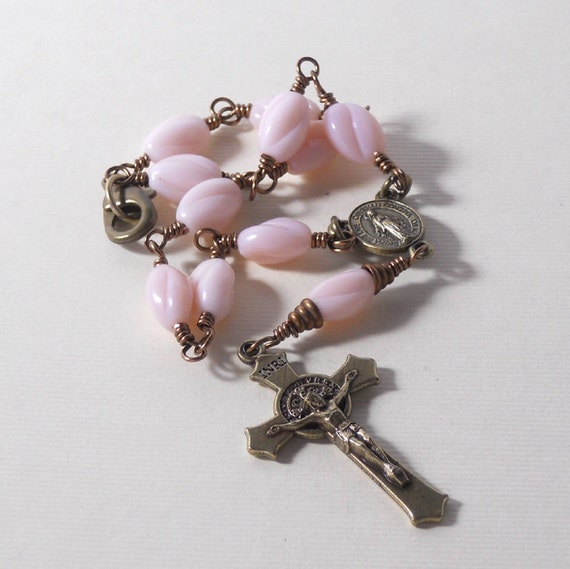 Pink Rosary Rear View Mirror Decade Rosary Vintage Glass Beads