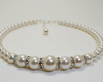 Ivory Pearl Necklace, Pearl Strand Bridal Necklace, Pearl and Crystal Wedding Jewelry, Off White Pearl Necklace, Ivory Bridesmaid Jewelry.