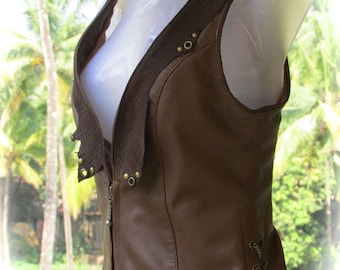 Leather steampunk vest, brown leather pixie vest, burning man leather vest, biker leather vest