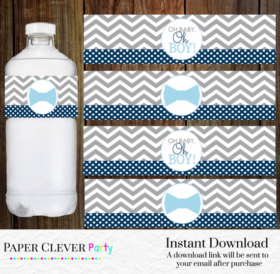 Bowtie water bottle wraps baby blue gray and by papercleverparty