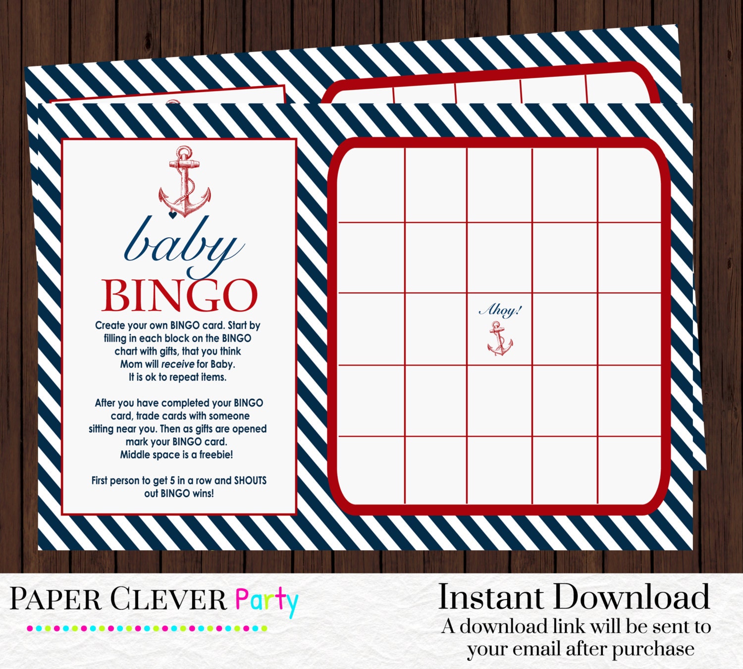 Nautical boys baby shower bingo game red and by papercleverparty