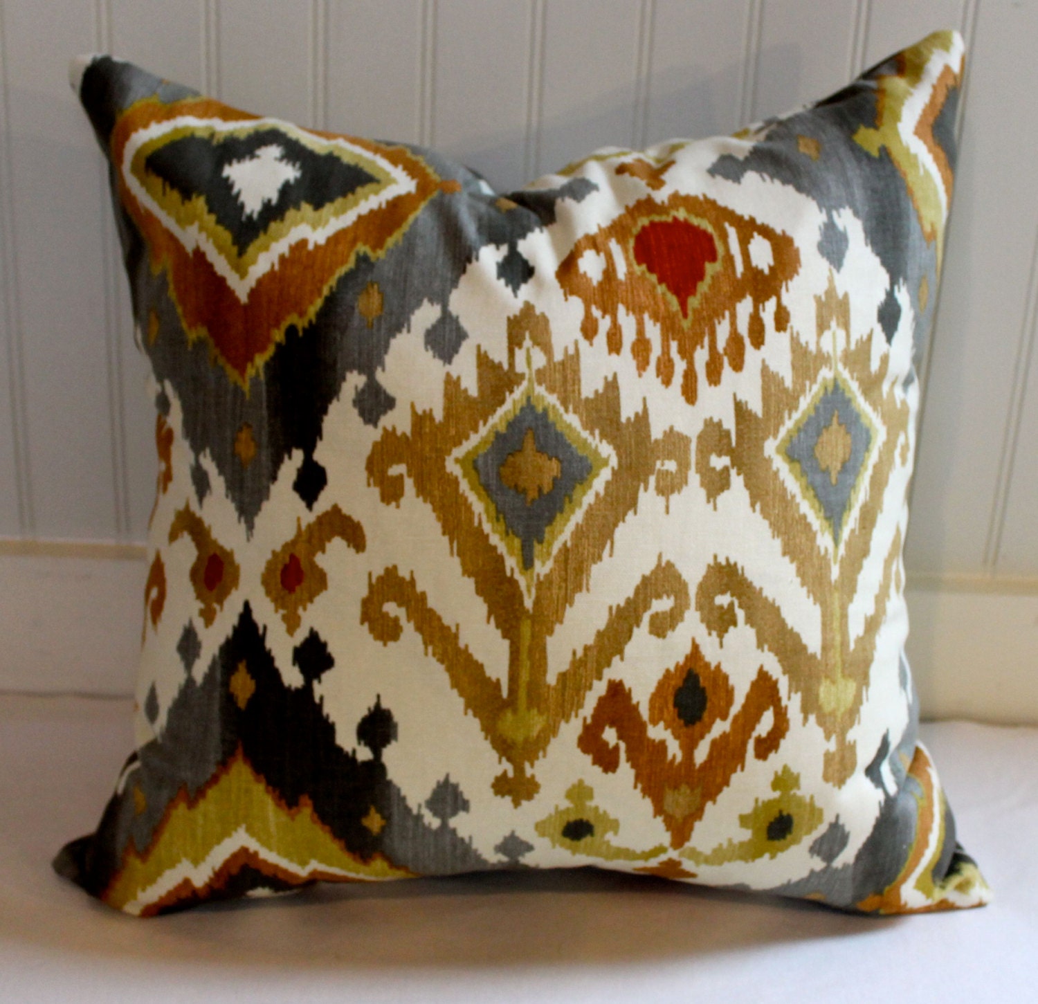 Grey Gold Rust and Ivory Ikat Pillow Cover / Designer Fabric