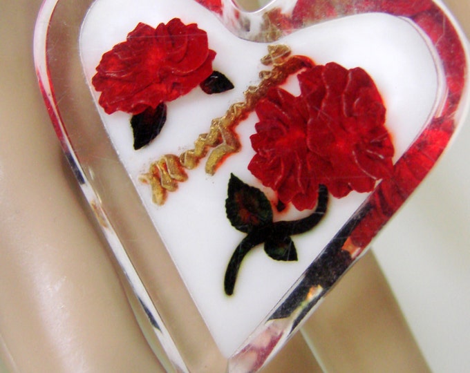 40s Clear Lucite Carved Floral Rose Heart Brooch / Monogram "Margaret" / Red / White / Vintage Jewelry / Jewellery