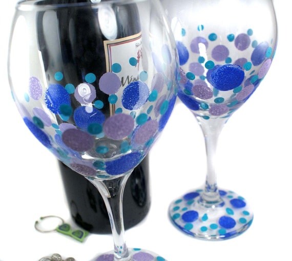 Handpainted Polka dot Wine Glasses Blue Purple by MyCreativeTable