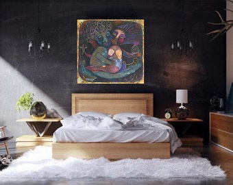 NIGHTS - Abstract ORIGINAL painting on canvas - 100cm x 100cm - 39'' x 39'' - purple black white green gold leaf