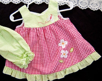 Baby Girl Sundress, Diaper Cover Dress Set, Appliqued Flowers, Cotton Seersucker, Size 6 month, Lime Green Red Check, Reborn Doll Clothes