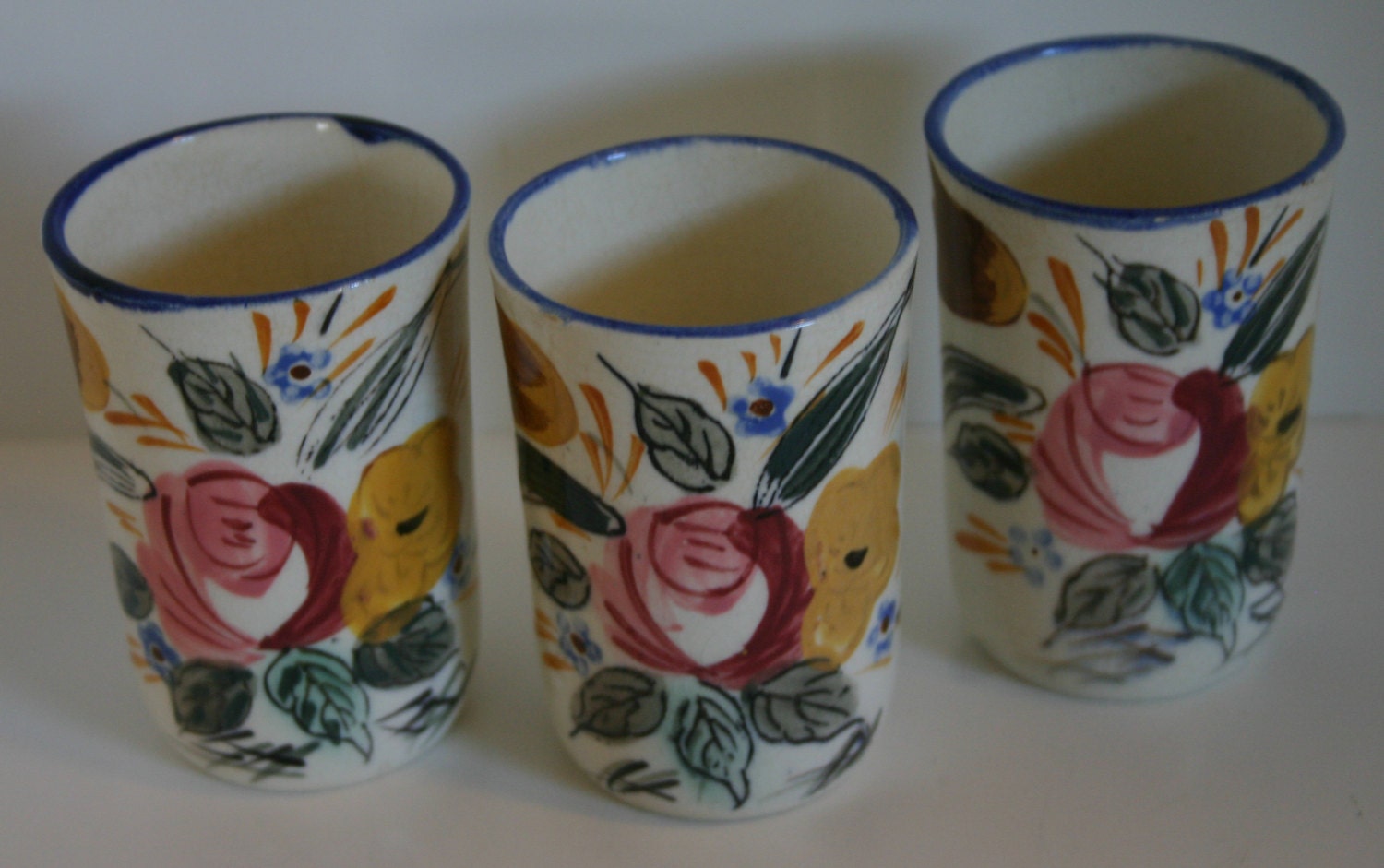 Set 3 Little Pottery Cups Hand Painted Nasco Made in Japan