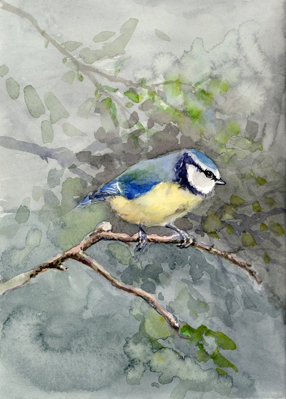 Blue Bird painting original watercolor chickadee family