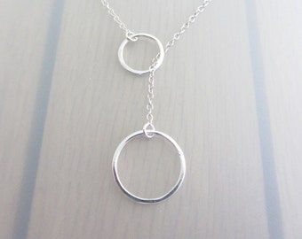 Sterling Silver Circle Necklace, Two Circle Lariat Necklace, Infinity Ring Y Necklace, Eternity Circle Necklace, 14-20mm Infinity Necklace