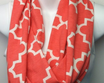 Light Coral and white Moroccan print infinity scarf