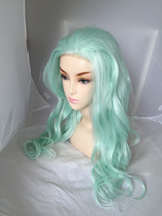 Items similar to Light Mint Green / Long Wavy Lace Front Wig Pastel