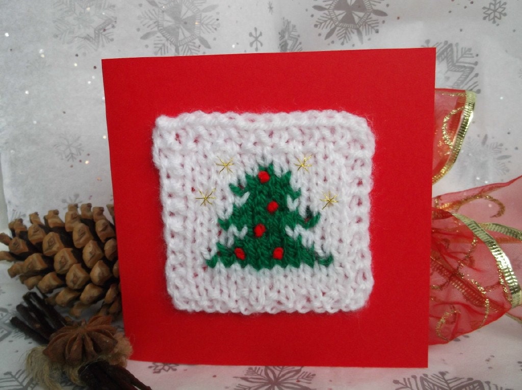 Knitted Christmas card christmas tree with baubles