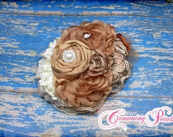 M2M Ooh La La Couture WOW Pouf Dress Rose Gold, Flower Hair Piece, Sequin Pageant Hair Bow, Recital Headband, Copper, Ivory Flower Clip