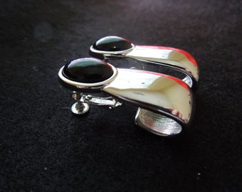 Vintage Napier Screw Clip Earrings, Silver Tone with Black Bead, Long, Signed