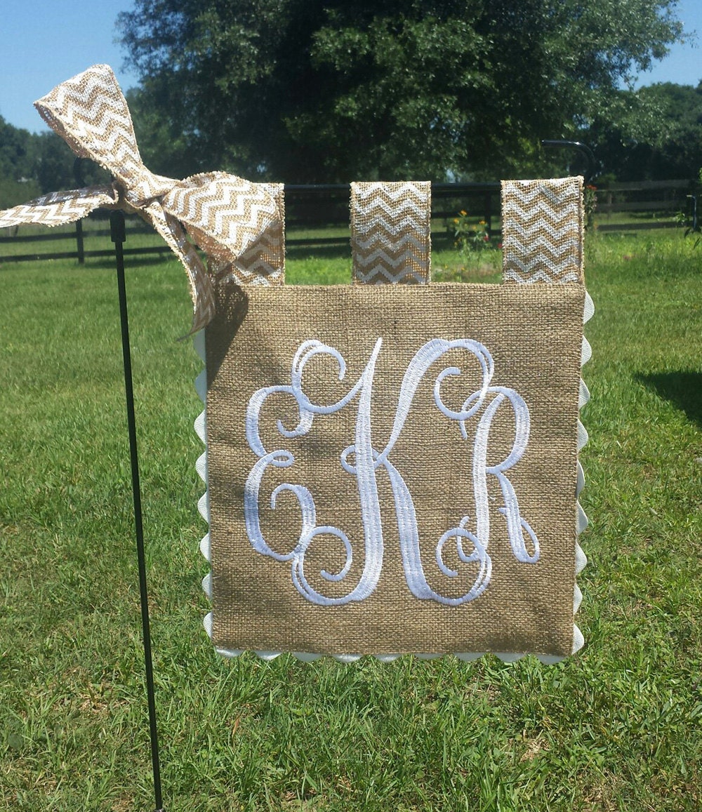 Custom Monogram Burlap Garden Flag Matching Chevron Tabs