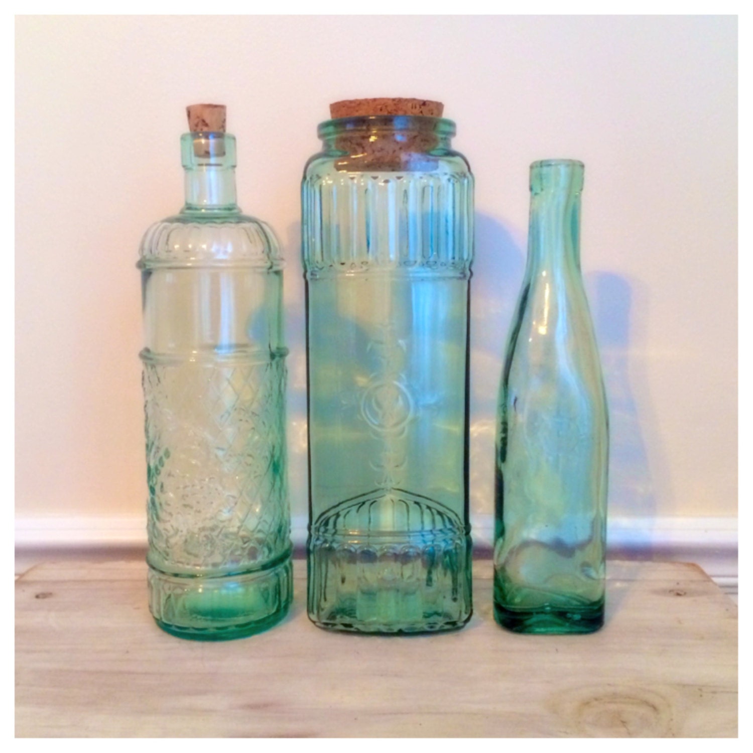 Vintage mint green glass bottles / vintage glass serving bottle ...