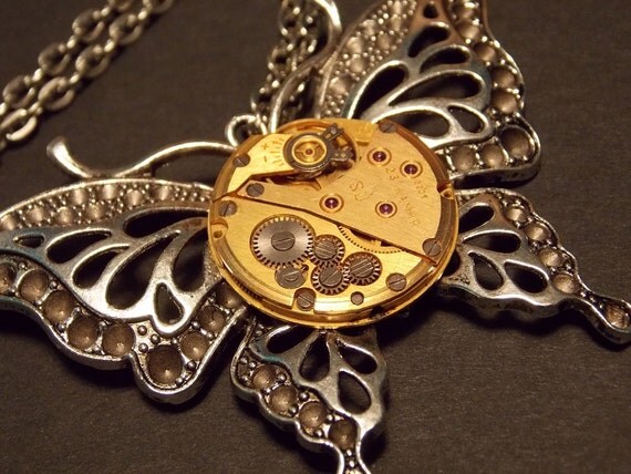 Silver and Gold Butterfly Watch Movement Necklace by cmarie59405 steampunk buy now online
