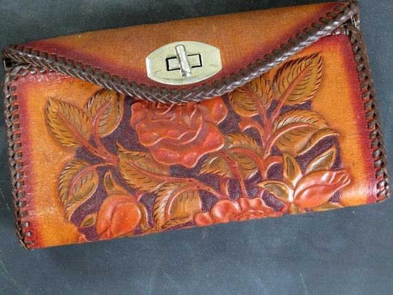 Western Boho Tooled Leather Rose Wallet Women's