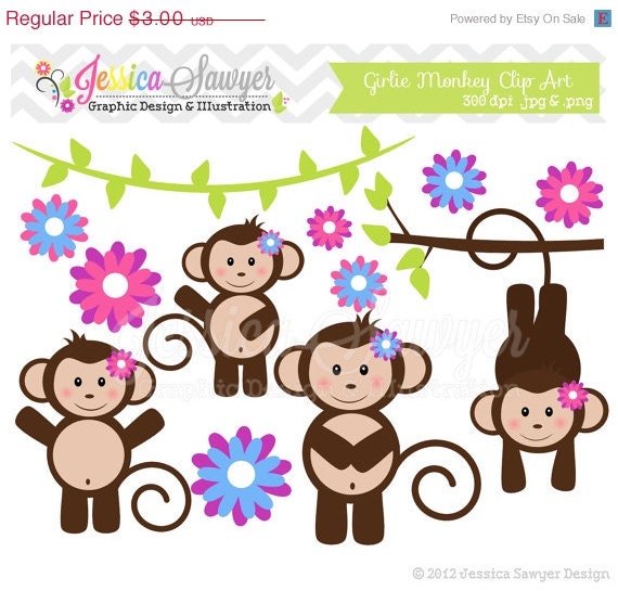 50% OFF- INSTANT DOWNLOAD, girl monkey clip art - jungle clipart - girls birthday graphic - branches image - commercial use - party supply Il_570xn