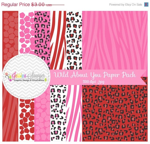 50% OFF- INSTANT DOWNLOAD, Wild about you digital paper pack - valentine's day paper - animal print background - card making - digital scra Il_570xn