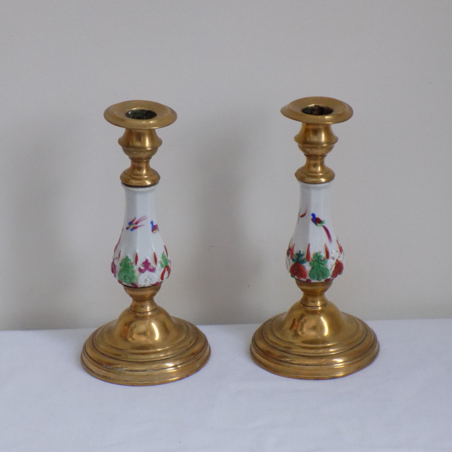 Antique Hand Painted Porcelain and Brass Candlestick Pair