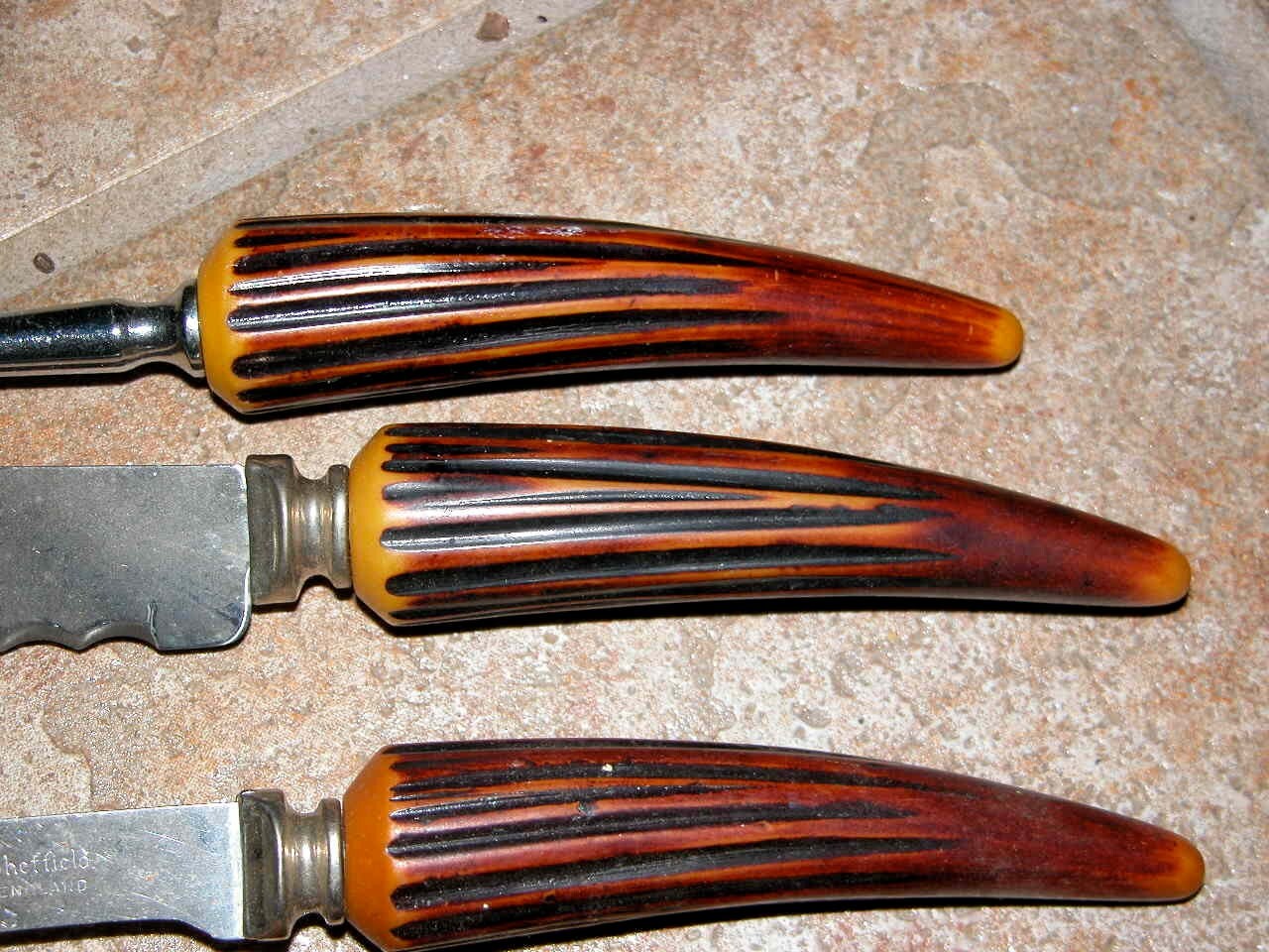 Antique Cutlery Set Seven Piece Vintage Bakelite Handled Faux Antler