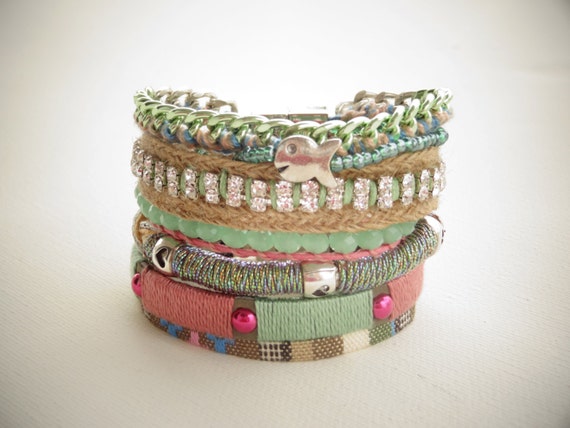 Multi strand bracelet with pink green and beige colors