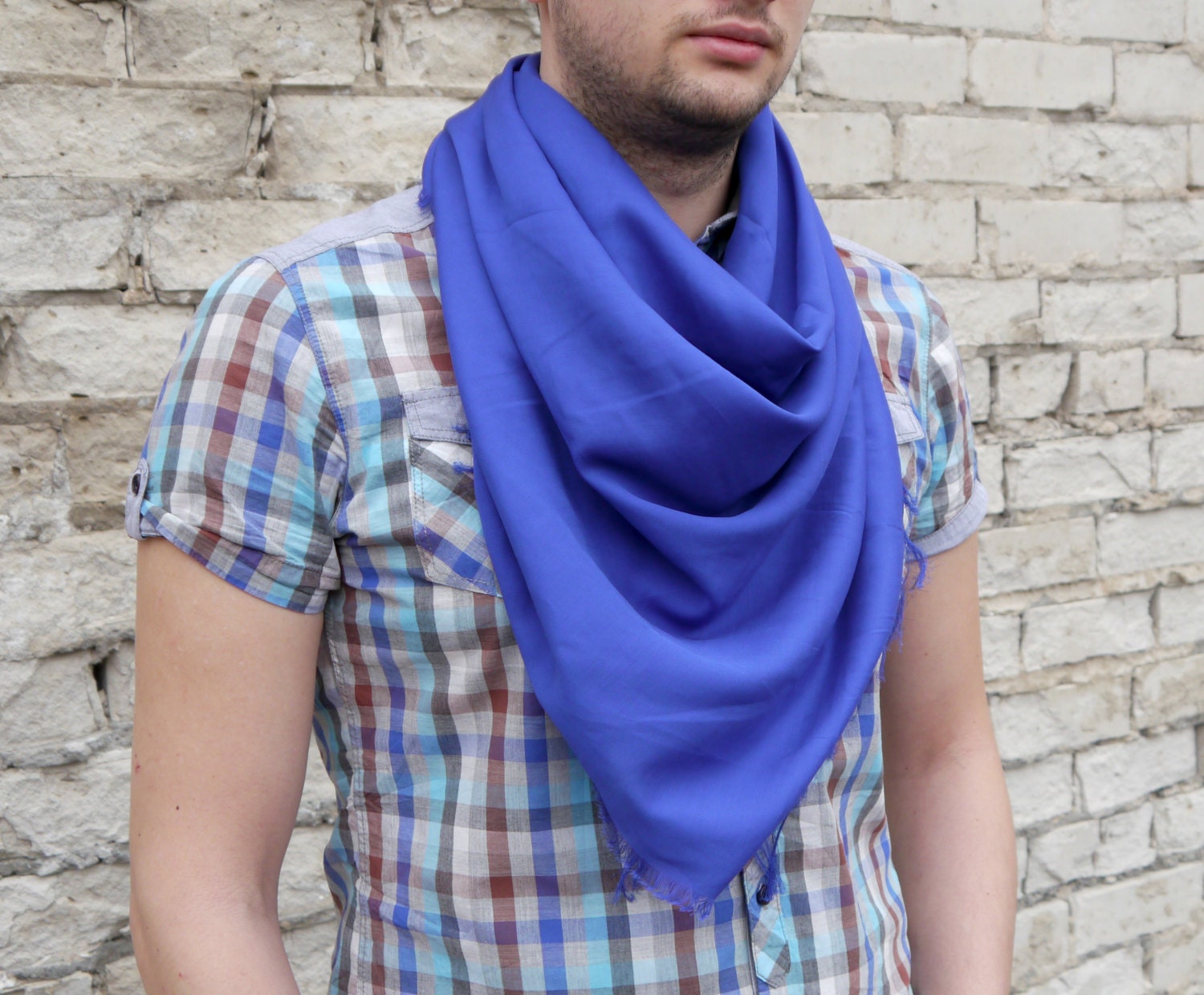 Blue Men Scarf / Cotton Square Scarf / Cotton Scarf / Gift for