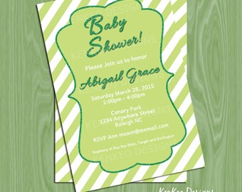 DIY Printable 4x6 Baby Shower Invitation-Verticle Stripes and Glitter Green