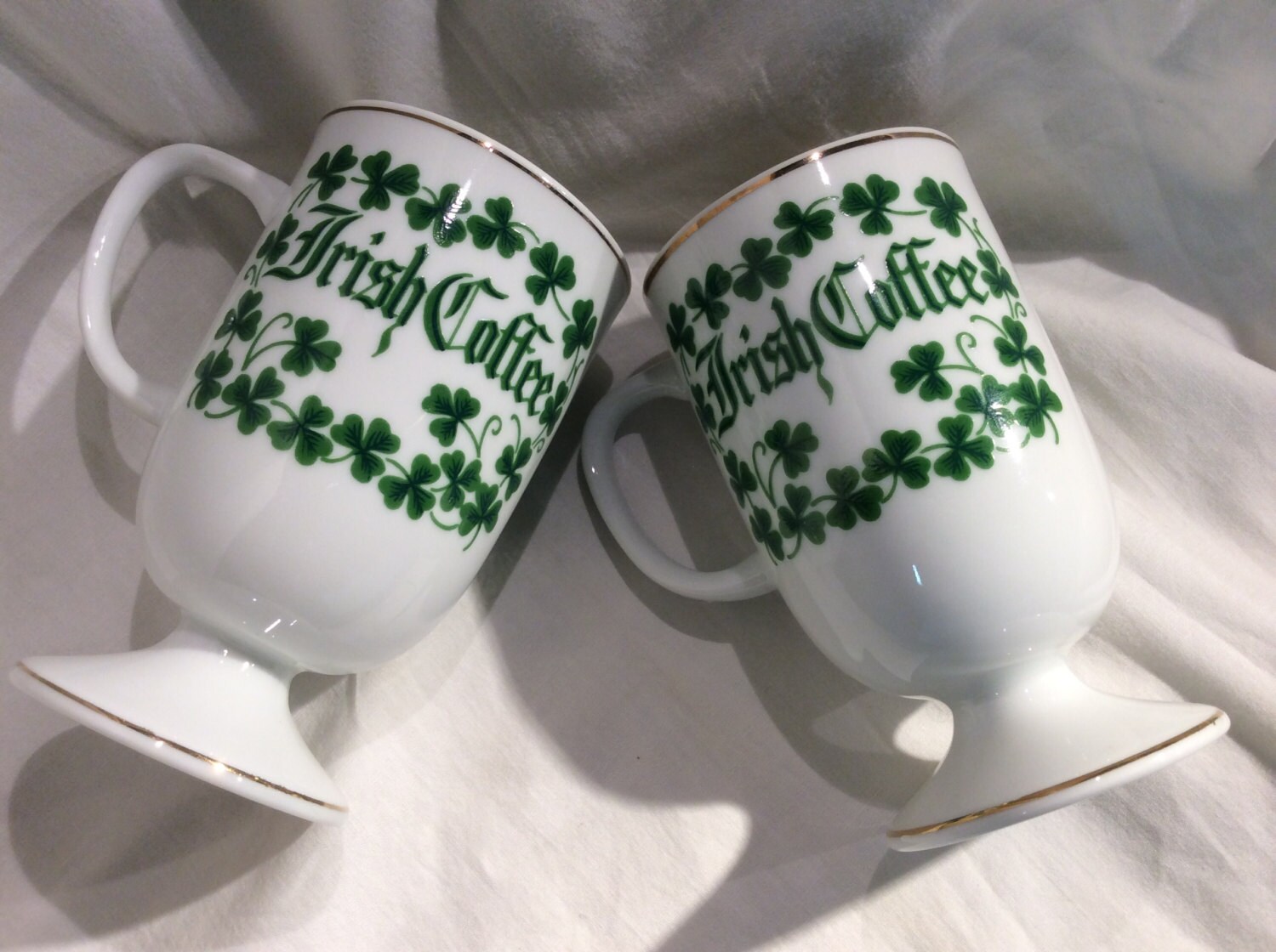 Vintage Irish Coffee Mugs Green Shamrocks on White Pedestal