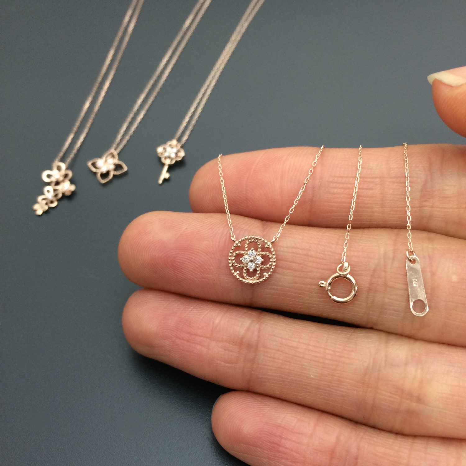 Diamond circle pendant Rose gold diamond dainty necklace Solid