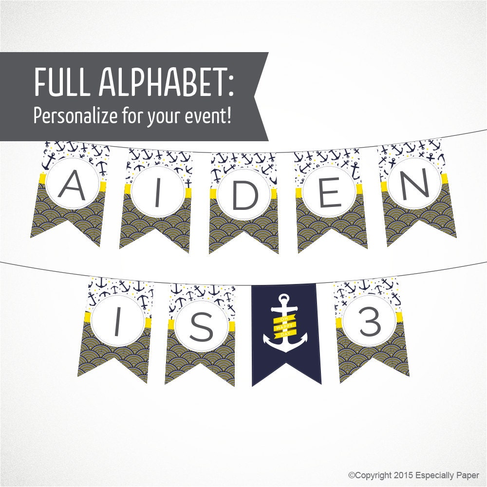 printable alphabet banner in nautical navy yellow theme with