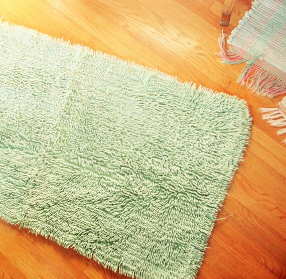 A Large Celery or Mint Green Shag Rug Cotton Super Soft