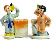 Vintage Occupied Japan Figural Planters Pair Fan Dancing Figurines  Kitsch Boy Girl 1940s Asian Pottery Patio Decor Windowsill Garden