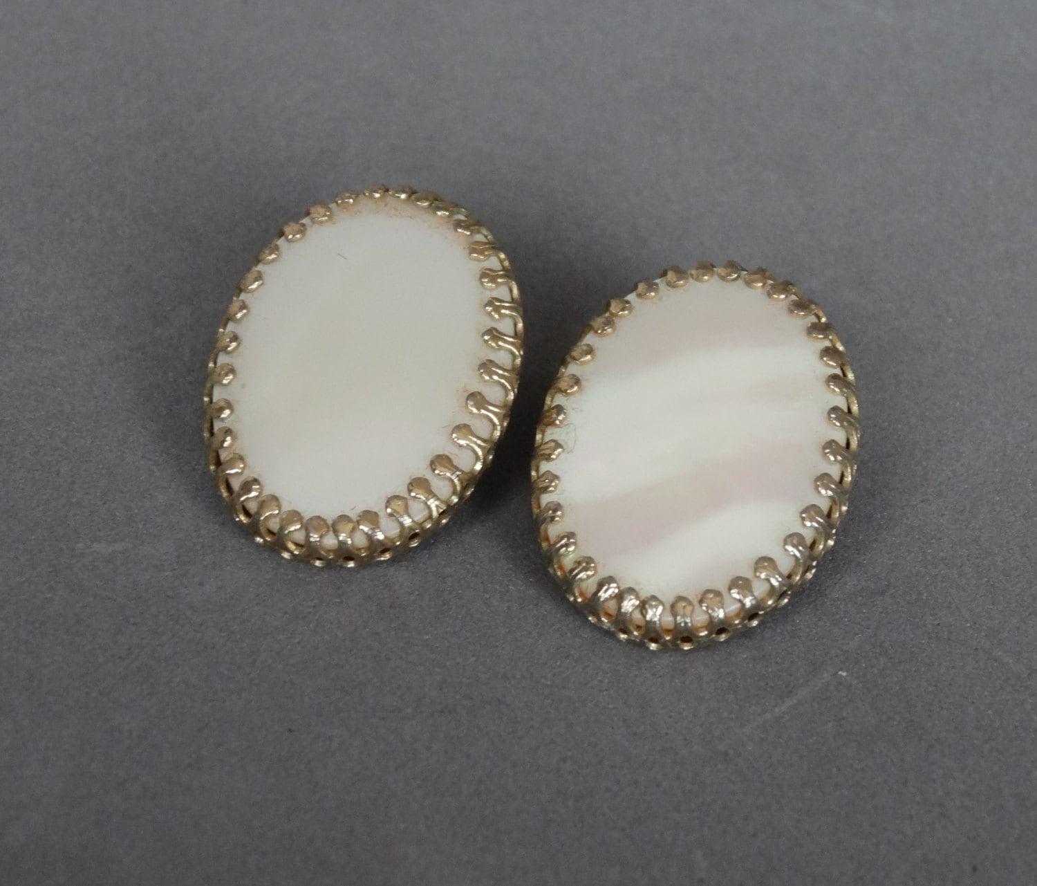 Vintage White Mother of Pearl Clip On Earrings Gold Dogtooth
