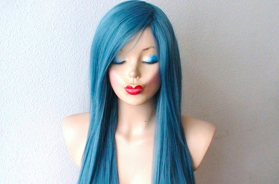 Long Blue Wig with Bangs - wide 2