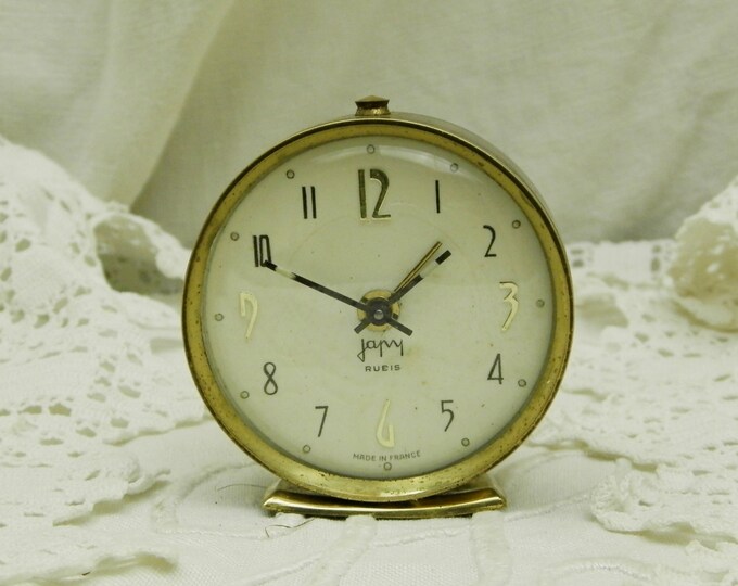 Small Working Vintage Mid Century 1960s French Mechanical Wind Up Japy Alarm Clock, 60s Tiny Retro Bedside Timepiece from France