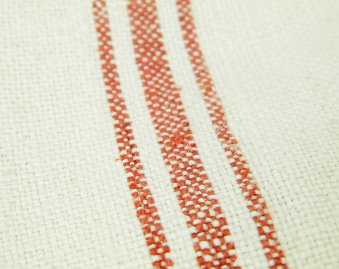 Large Antique French Linen Tea Towel with Woven Red Stripes and a 2 Small Red Cross Stitch Monogram A L / French Country Kitchen Decor