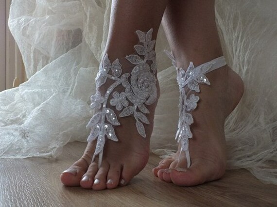 ... wedding barefoot sandals, Flexible wrist lace sandals, White barefoot