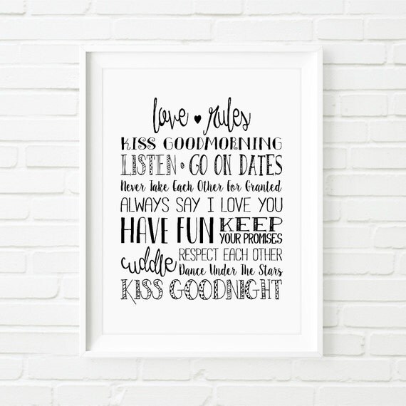 Love Rules Typographic Art Print Wall Art Home Decor Romantic