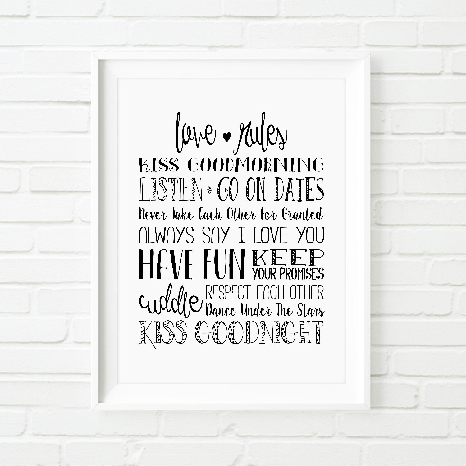 Love Rules Typographic Art Print Wall Art Home Decor Romantic